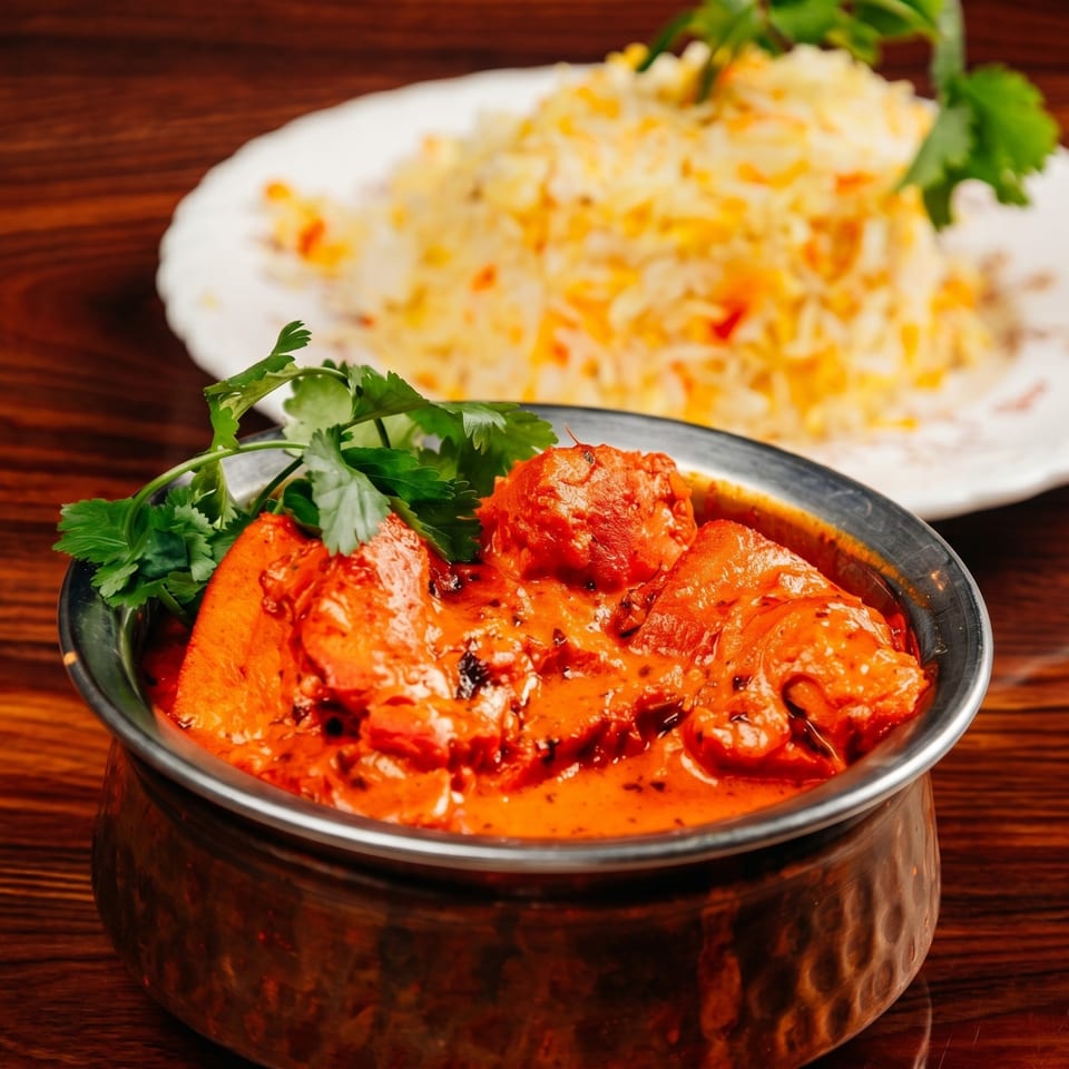 Chicken tikka masala in a copper bowl with cilantro, and a plate of rice in the background.