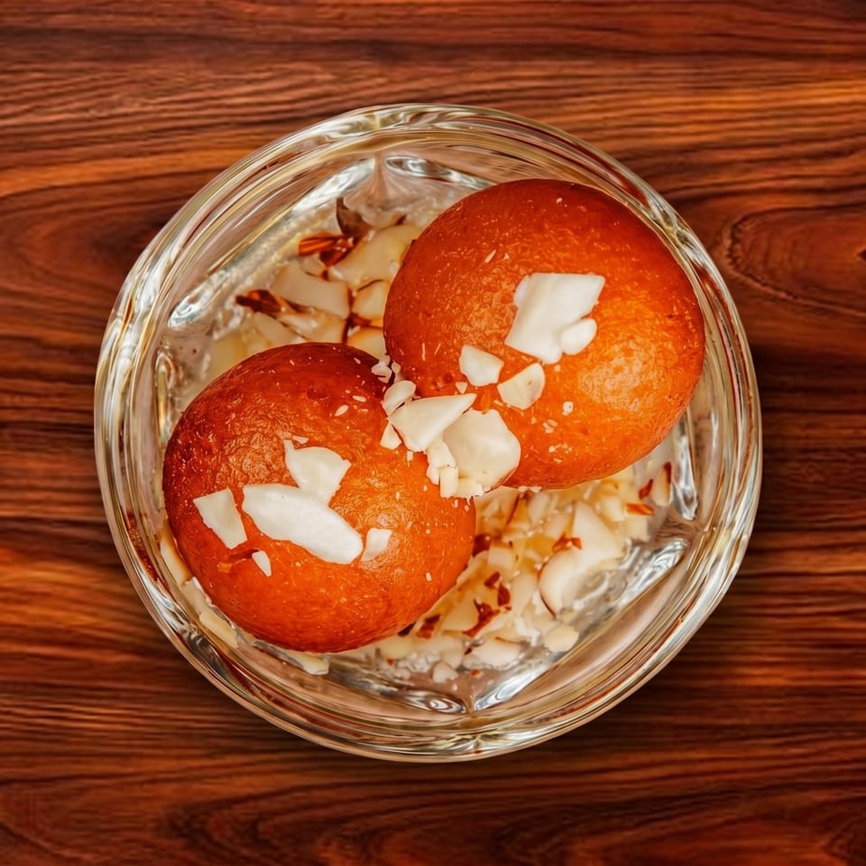 Two gulab jamun, garnished with slivered almonds, in a clear glass bowl on a wooden table.