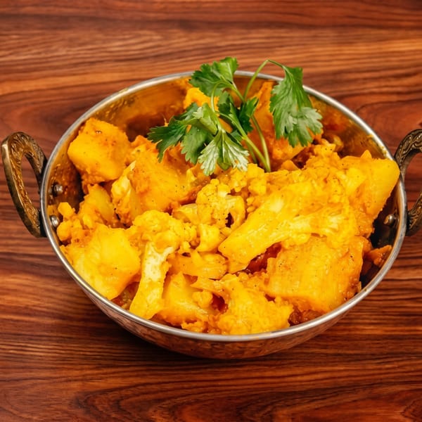 A metal bowl of vibrant yellow Aloo Gobi, garnished with fresh green cilantro, on a wooden surface.