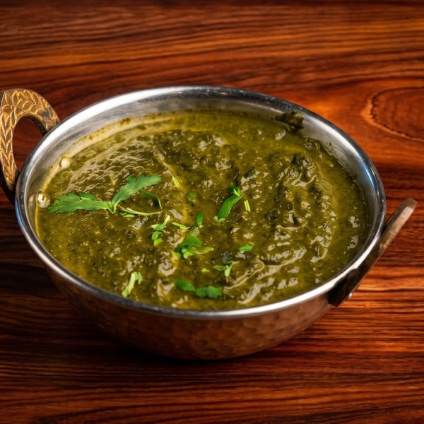 A copper karahi bowl filled with vibrant green palak paneer, garnished with fresh herbs, on a wooden table.