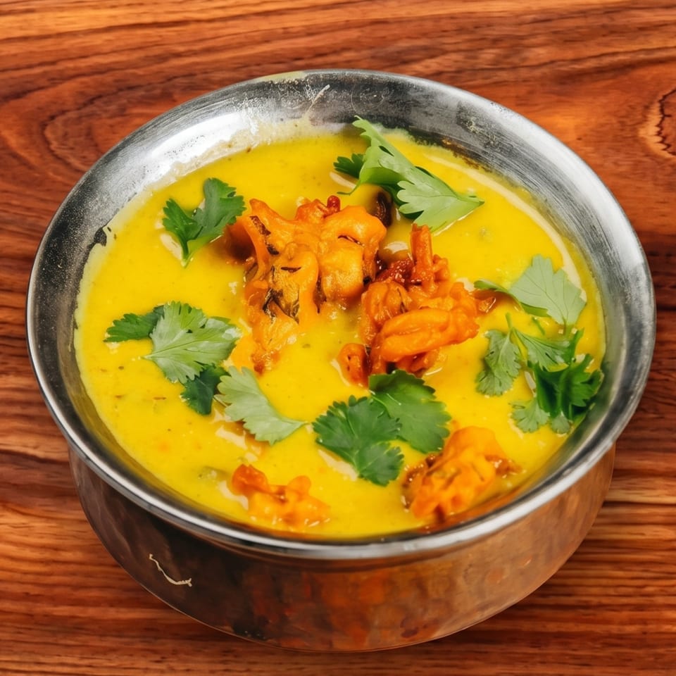 Bright yellow Indian Kadhi Pakora, a yogurt-based curry with vegetable fritters and fresh cilantro.
