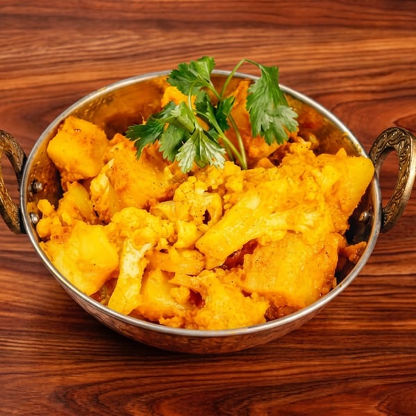 Aloo Gobi, a vibrant Indian dish with potatoes and cauliflower in a rich yellow sauce, garnished with cilantro.