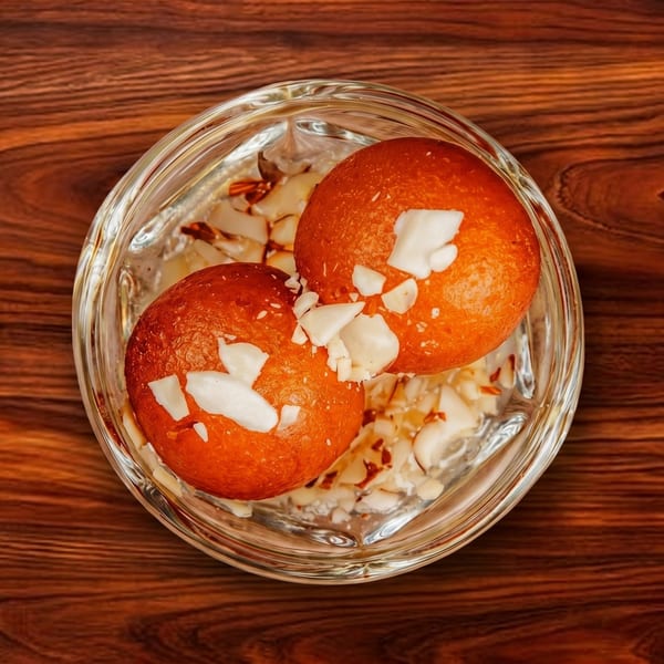 Two gulab jamun, garnished with slivered almonds, in a clear glass bowl on a wooden table.