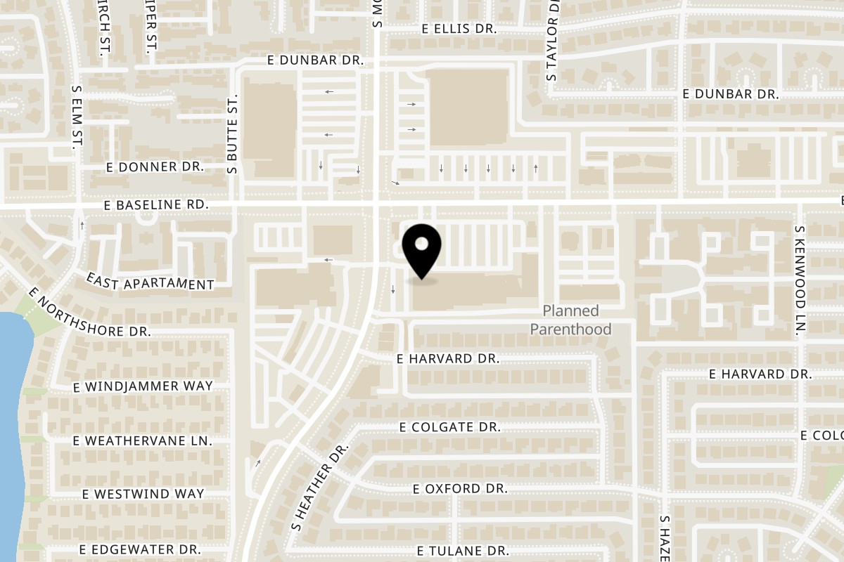 Map showing the location of Bombay House Tempe on 1801 E Baseline Rd #104 in Tempe